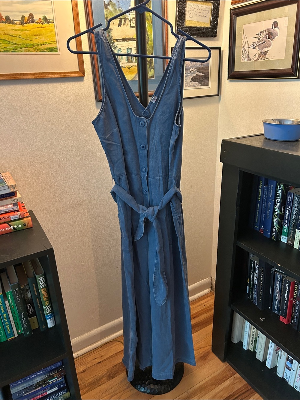 Old Navy Blue Sleeveless Button-Front Maxi jumpsuit with Tie Waist